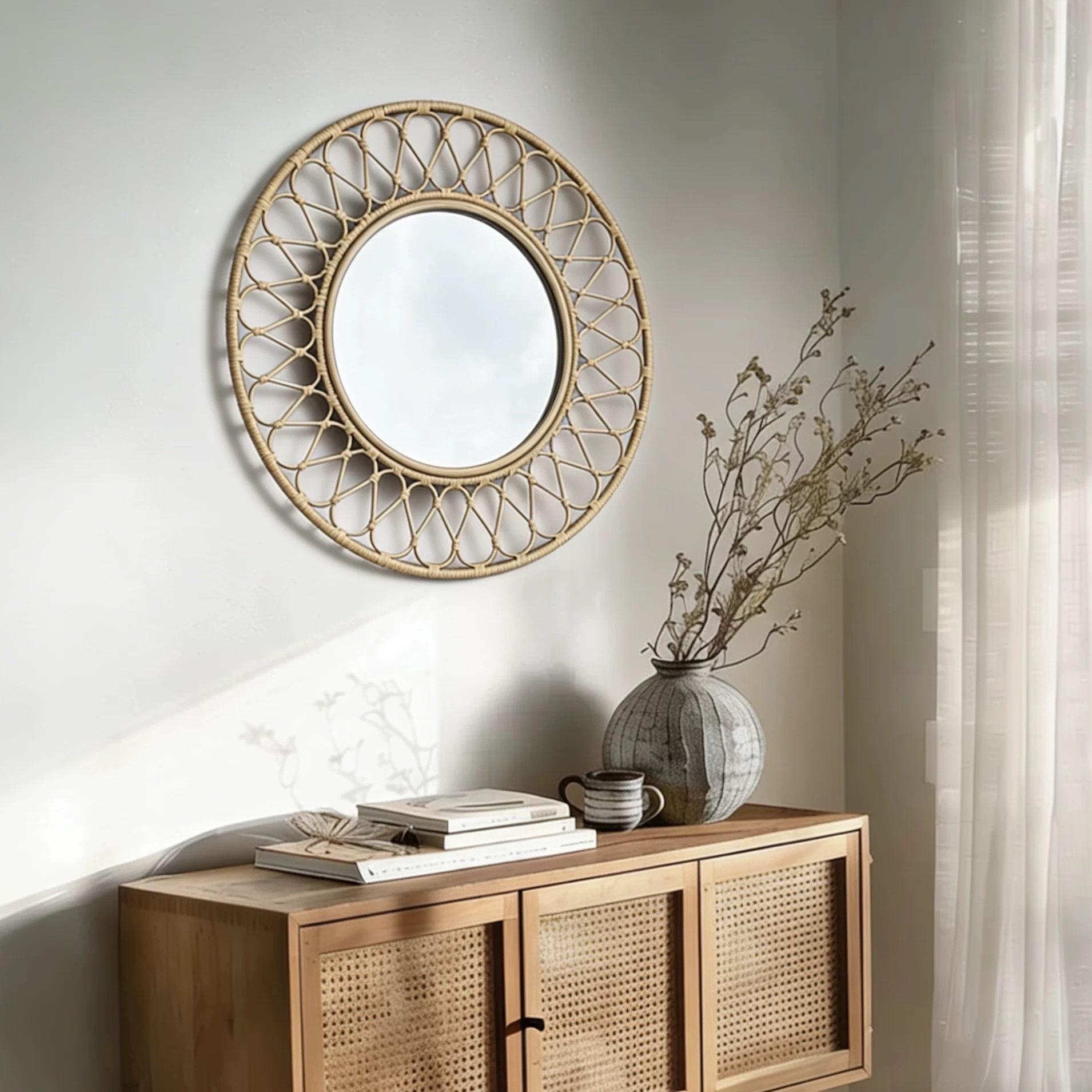 Round Rattan Wall Mirror, Natu - Rattan Mirror Round のレビューと価格