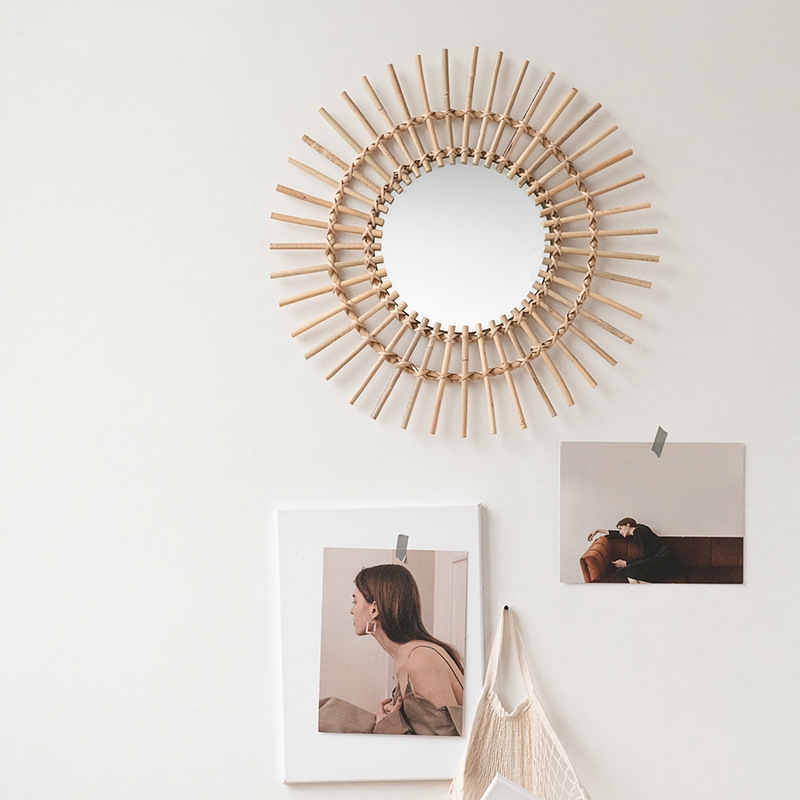 Rattan hanging wall Nordic hom - Rattan Mirror Round のレビューと価格