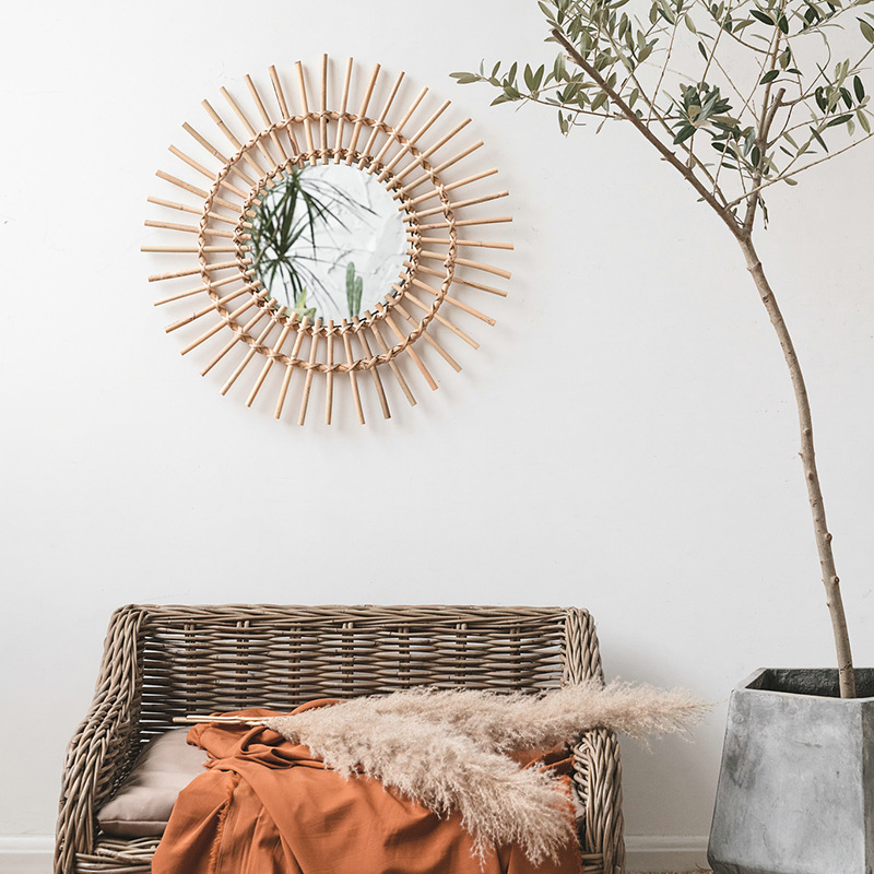Rattan hanging wall Nordic hom - Rattan Mirror Round のレビューと価格