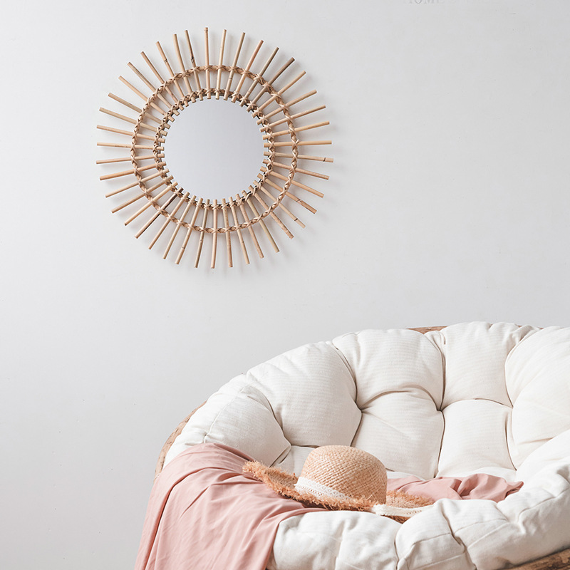 Rattan hanging wall Nordic hom - Rattan Mirror Round のレビューと価格