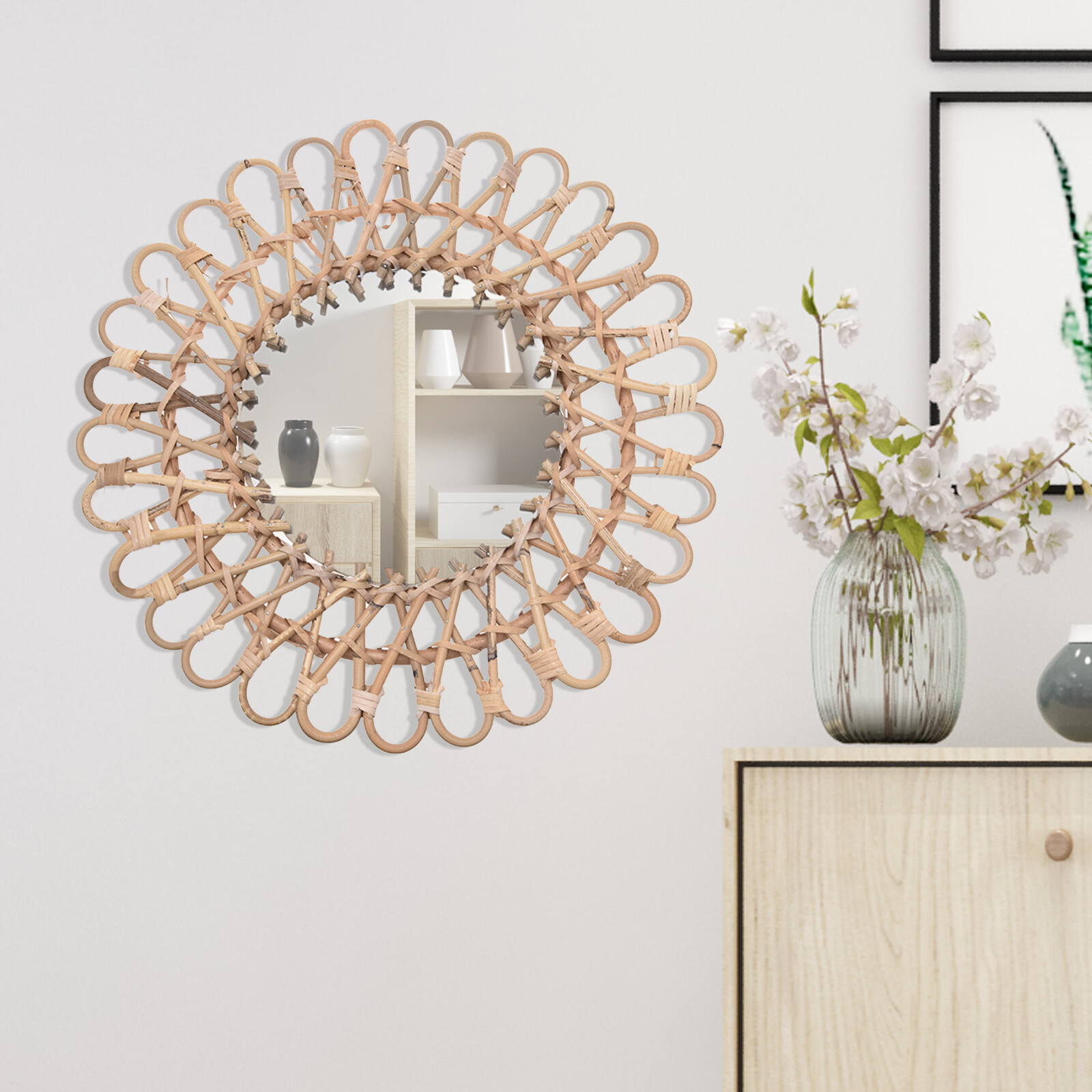 Hanging Wall Round Mirror Home - Rattan Mirror Round のレビューと価格